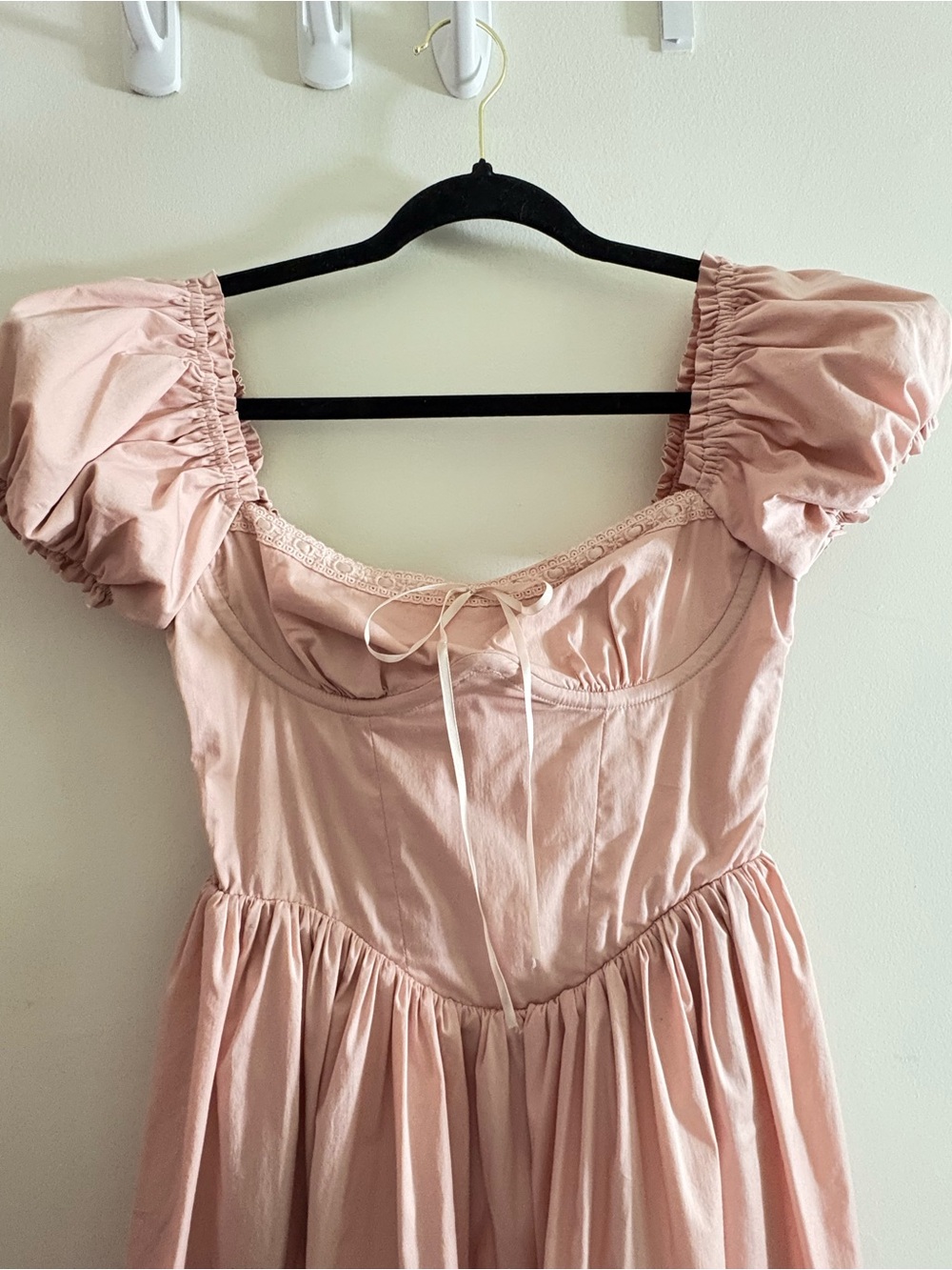 Pink Puff-Sleeve Cotton Midi Dress